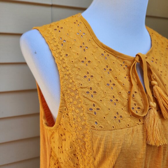 Knox Rose Mustard Yellow Mixed Media Blouse Eyelet Ribbed Tie-Neck Tassel - Picture 6 of 13